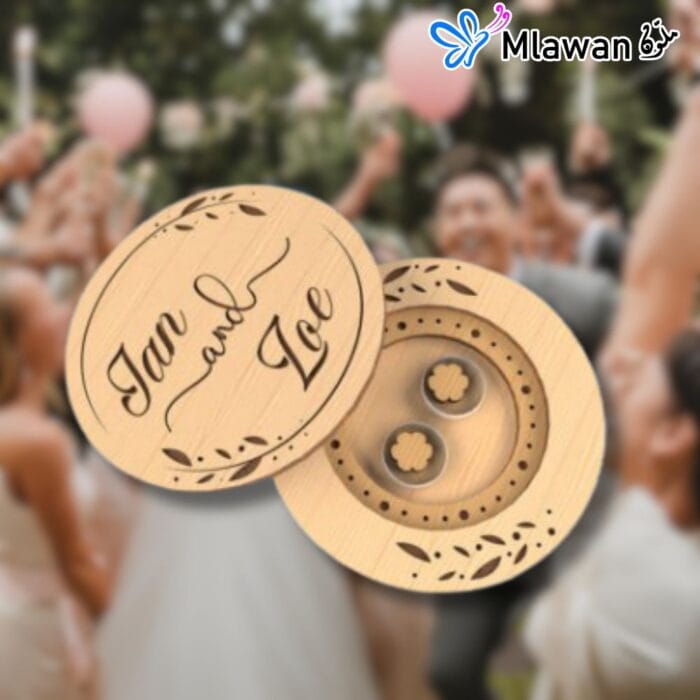 Engraved wooden wedding ring box with custom names
