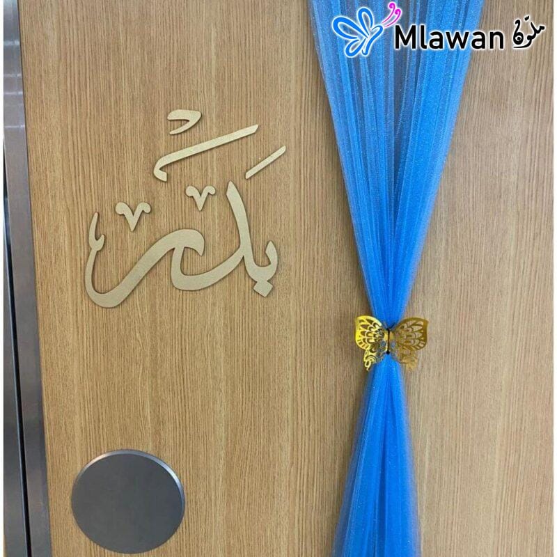 Personalized newborn announcement door decoration featuring baby blue chiffon drapes