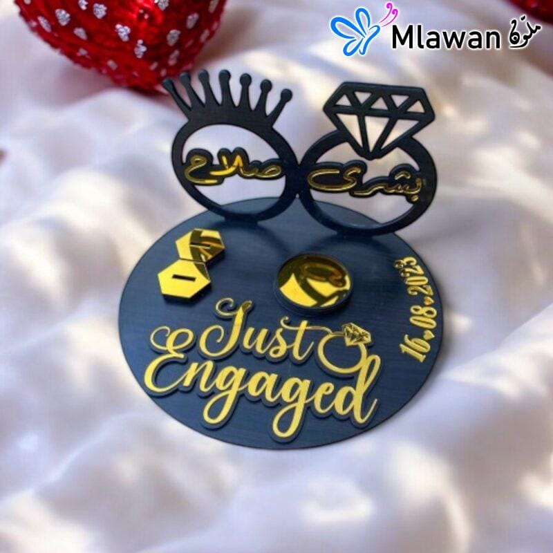 Wedding Ring Stand with Just Engaged" text and personalized names