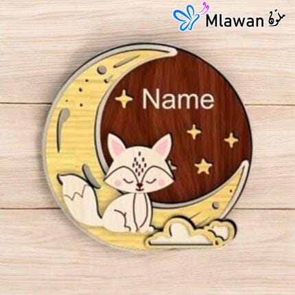 Custom wooden name plaque for kids with moon and fox design