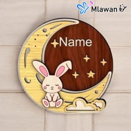kids' name sign featuring crescent moon and bunny