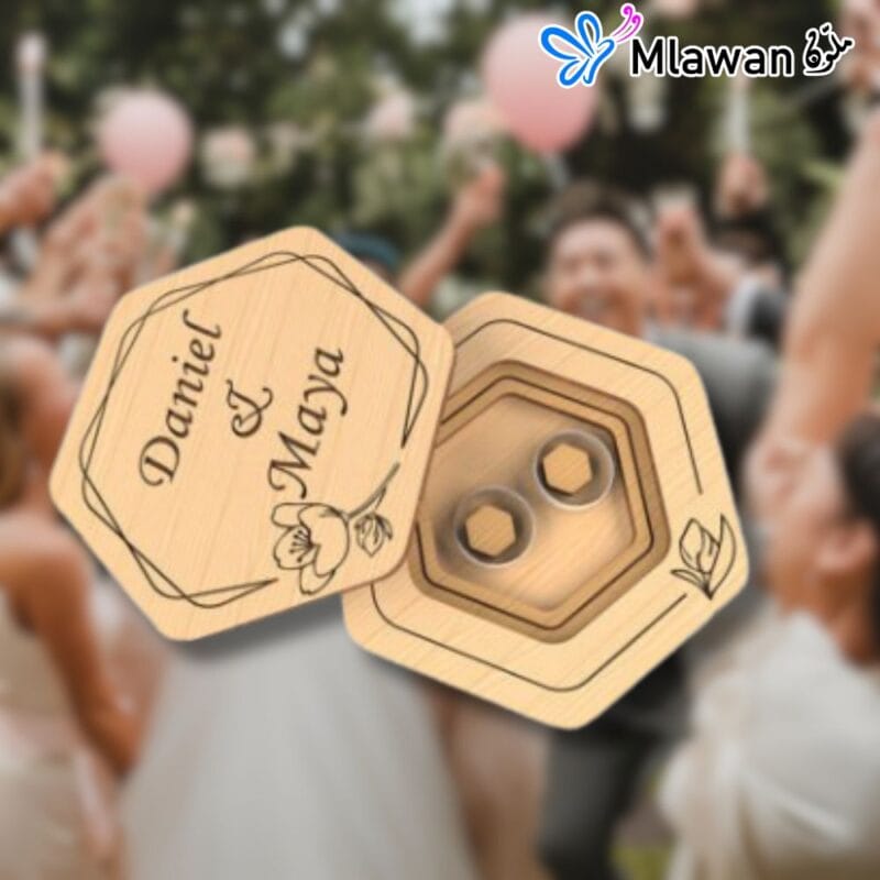 Engraved wooden wedding ring box with custom names