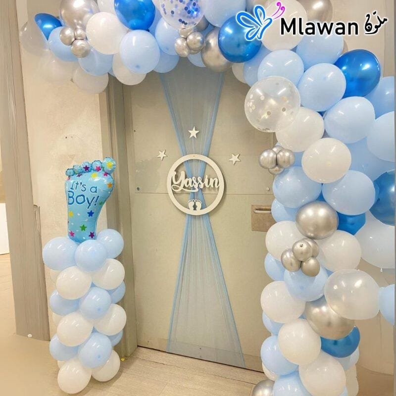 Balloon arch setup for baby shower in hospital room