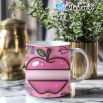 كوب معلم وردي ثلاثي هدية فريدة اسم مخصص - Personalized Teacher Name Mug Custom Apple Design Pink 3d Crayon Drawing