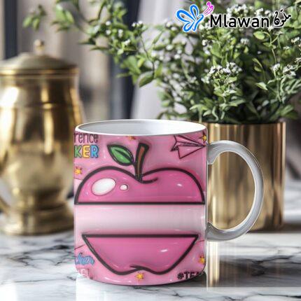 كوب معلم وردي ثلاثي هدية فريدة اسم مخصص - Personalized Teacher Name Mug Custom Apple Design Pink 3d Crayon Drawing