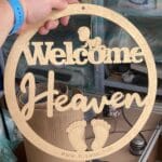 Welcome Heaven sign with baby footprints and name, gold version.