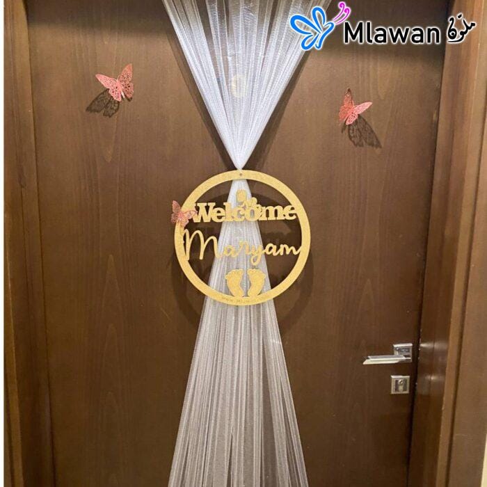 Elegant baby shower door sign and name boxes setup