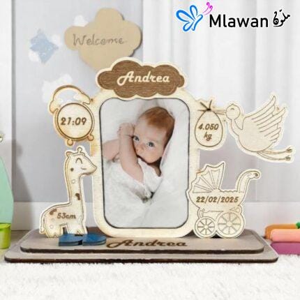 Personalized wooden newborn photo frame - baby picture and name time weight height wood
