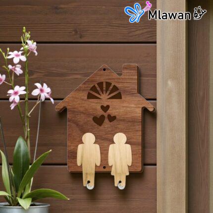 Personalized wooden key holder- Wooden House Key Holder with Couple Keychains