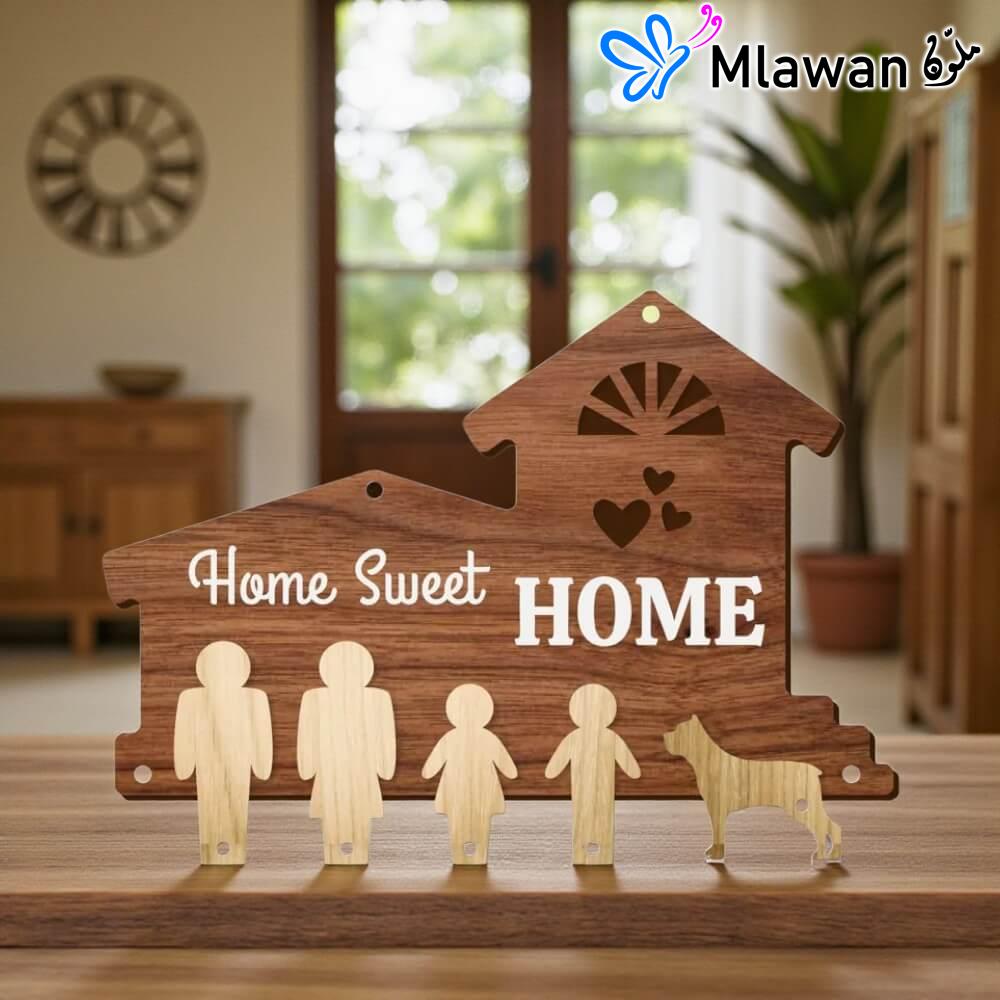 3039-5 (1) Home Sweet Home wooden family key holder for two kids and a dog - "Home Sweet HOME"