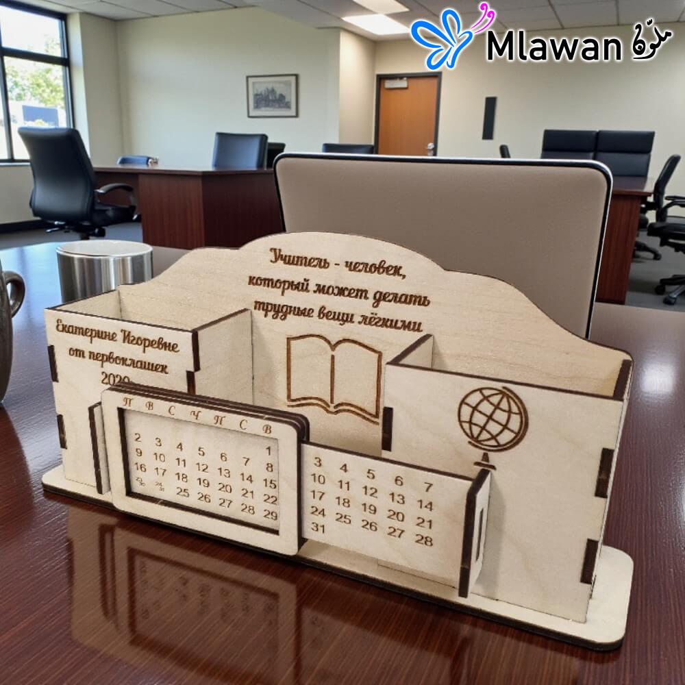 3089 (2) Personalized wooden desk organizer pen holder.Perpetual calendar desk organizer display.Wooden pen holder perpetual calendar.