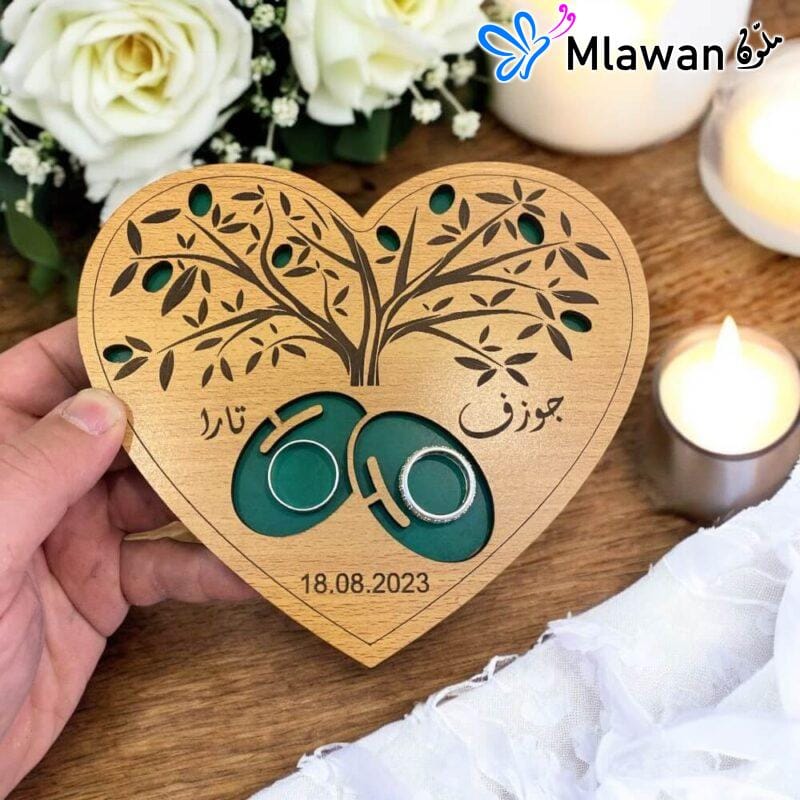Personalized wooden heart ring box with olive tree engraving 1