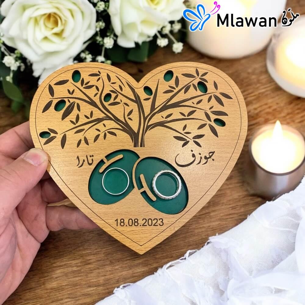 Personalized wooden heart ring box with olive tree engraving Personalized wooden heart ring box with olive tree engraving 1