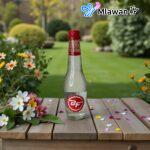 Clear glass water bottles.