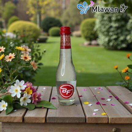 Clear glass water bottles.