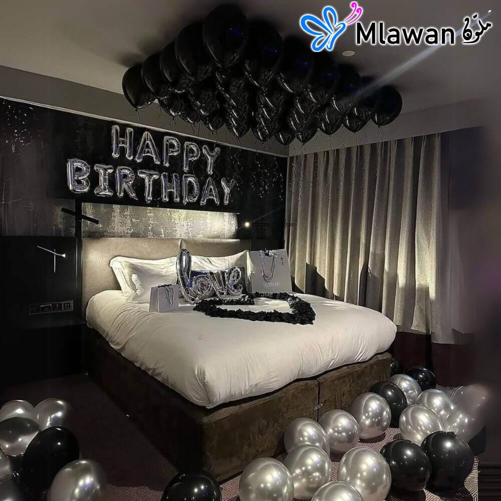 4365-8 (1) Happy Birthday Hotel Room - Black Silver Balloons