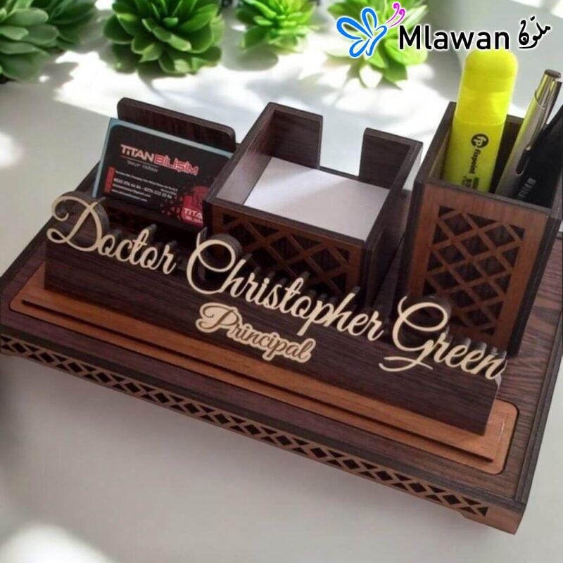 Personalized wooden nameplate holder for teachers and executives.