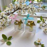 Personalized Acrylic Favor Bags hold Musk Perfume with Name Tags.