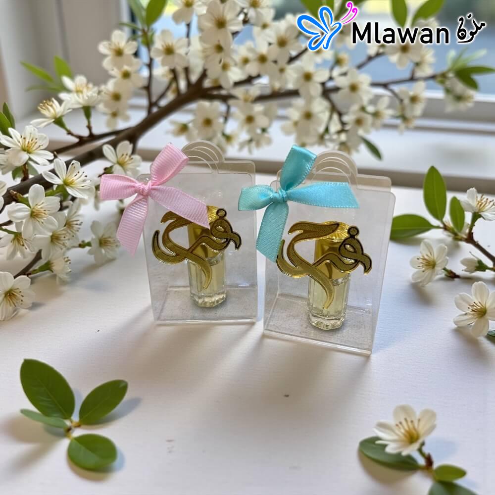 4446-3 (2) Personalized Acrylic Favor Bags hold Musk Perfume with Name Tags.