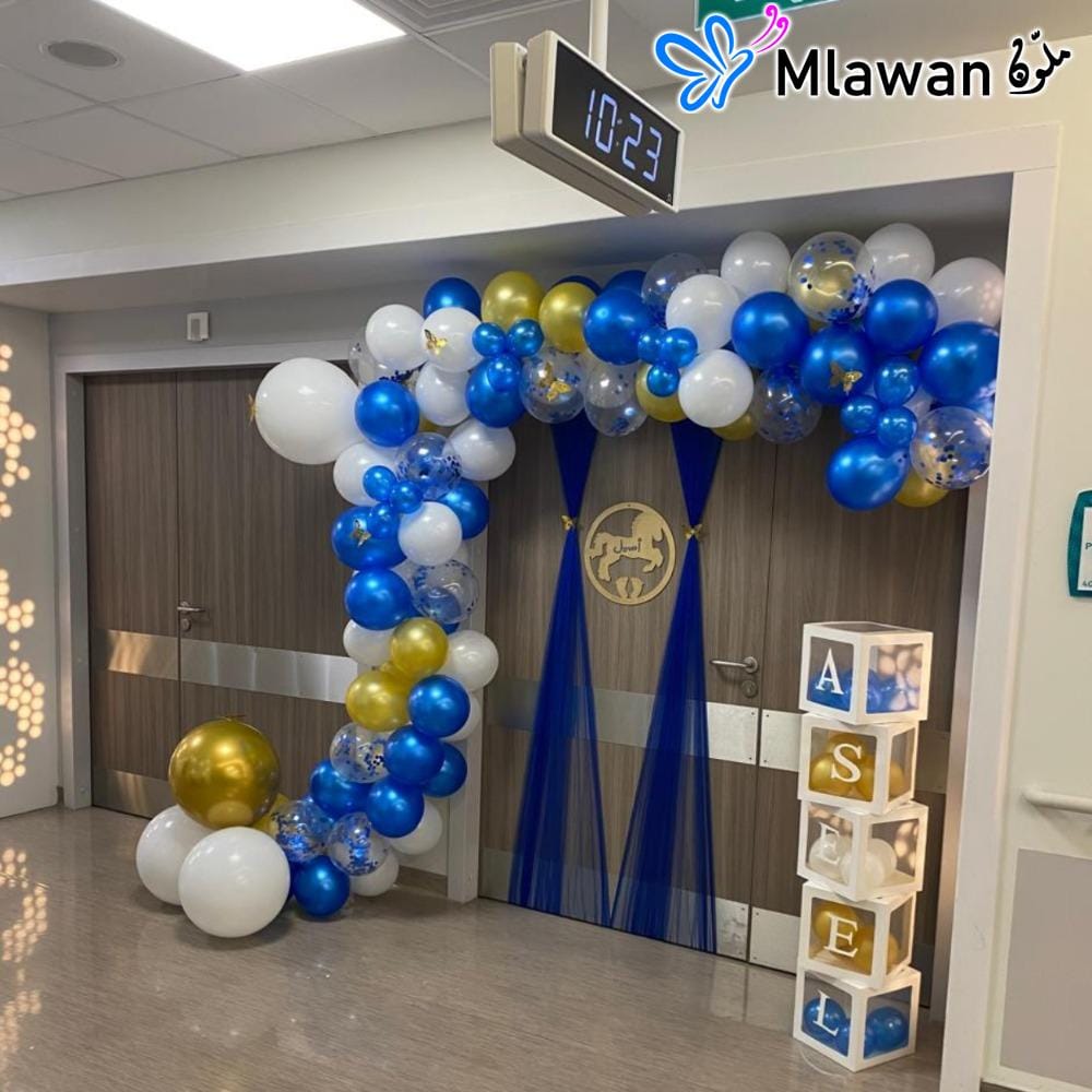 Newborn balloon arch decoration at Danat Al Emarat Hospital with personalized name display Newborn balloon arch decoration at Danat Al Emarat Hospital with personalized name display
