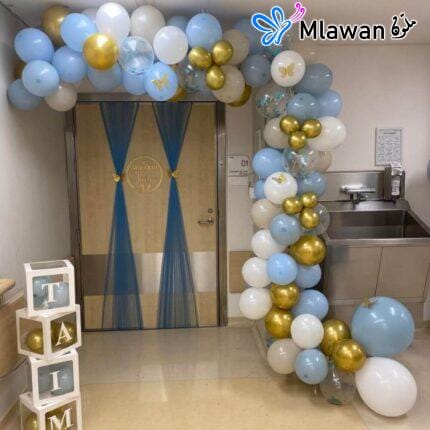 balloon arch with custom name boxes for baby arrival decorations