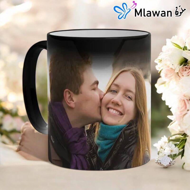 Valentine’s Day coffee mug with heat-reactive magic effect revealing a love-themed design