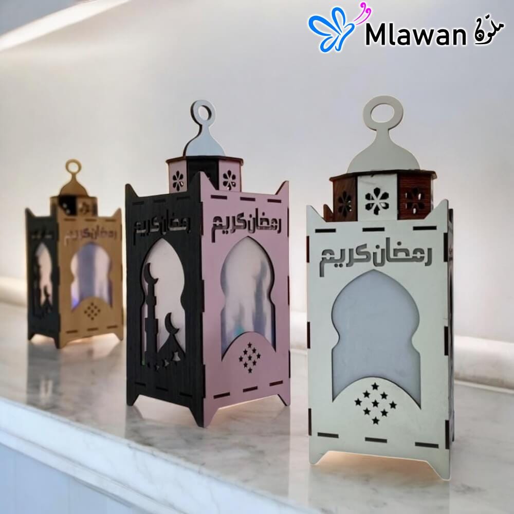 Wooden Ramadan Fanoos lantern with Arabic calligraphy engraving Wooden Ramadan Fanoos lantern with Arabic calligraphy engraving