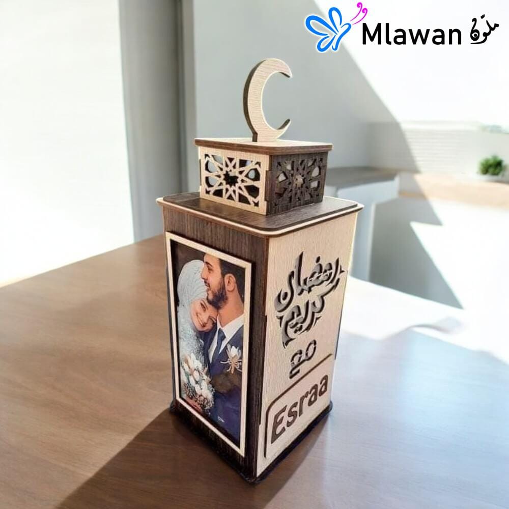 4534 (1) Ramadan wooden lantern with a personalized photo slot and LED lighting