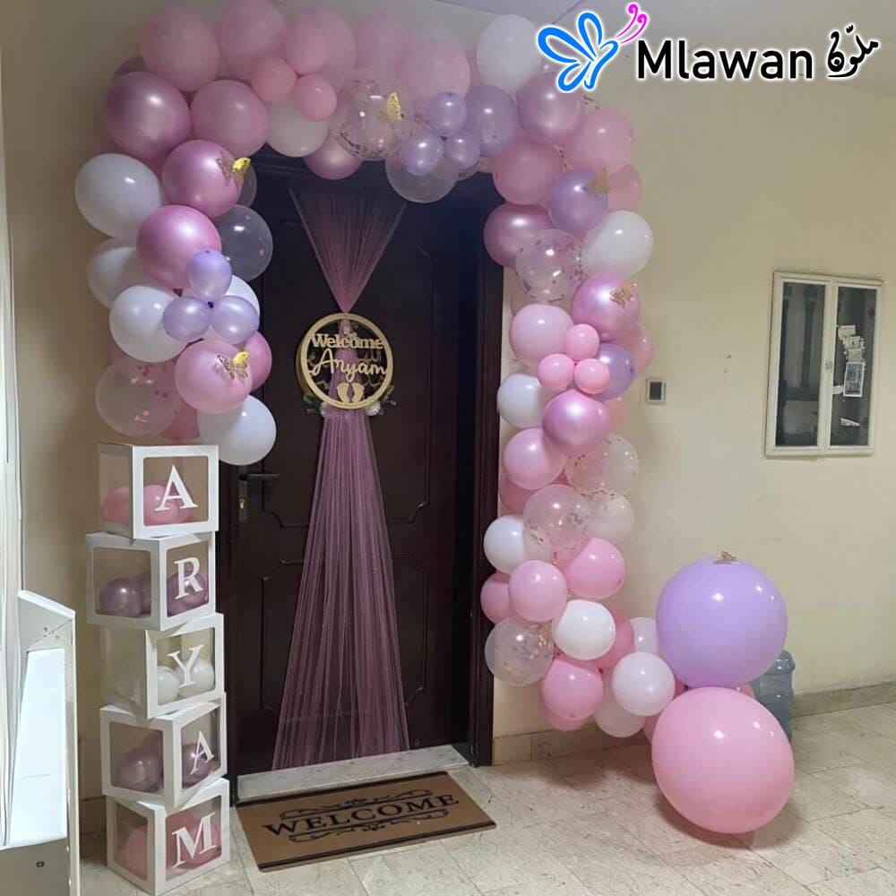 Newborn welcome home balloon decoration with custom name boxes Newborn welcome home balloon decoration with custom name boxes