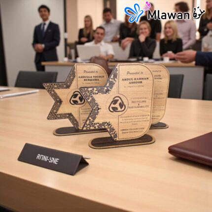 Wooden employee recognition trophies.