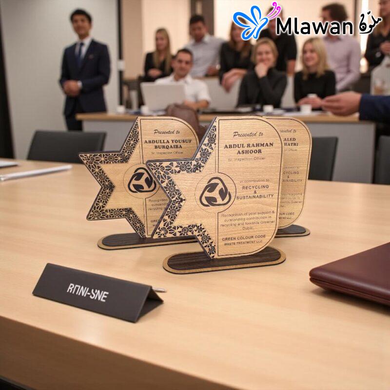 Wooden employee recognition trophies.