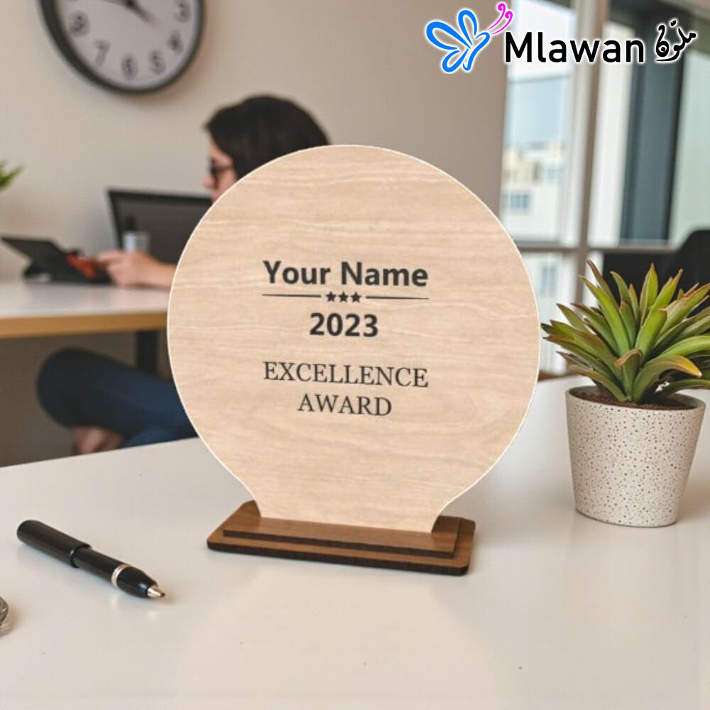 4607-5 (4) Engrave Name Title Logo on Circle Wooden Trophy - Customize Unique Awards.