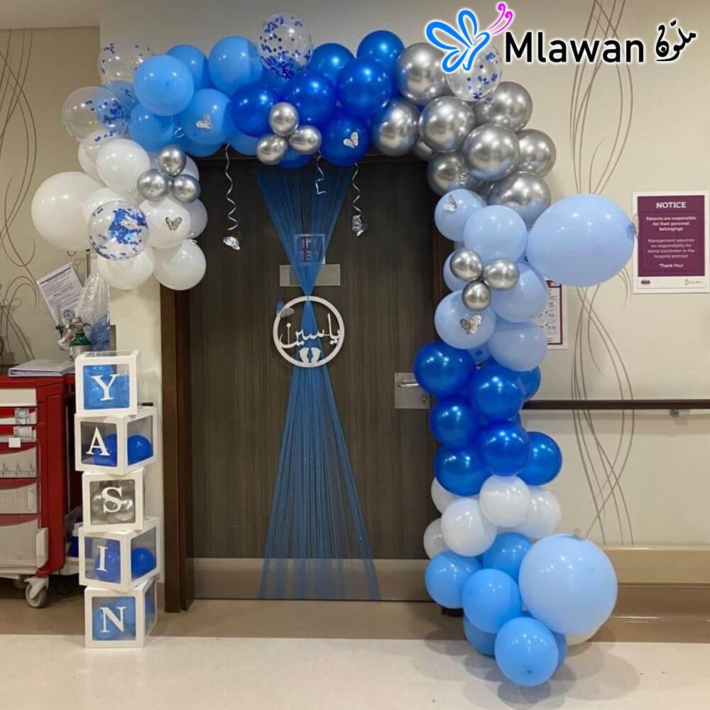 hospital room decoration service featuring balloon arches and door signs hospital room decoration featuring arc balloons and door signs