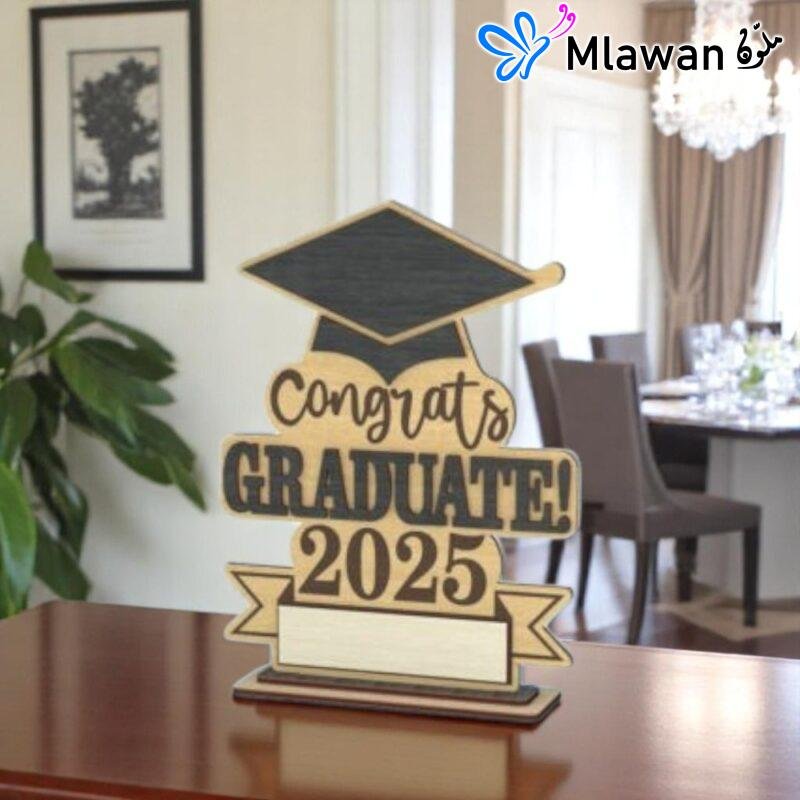 Custom wooden graduation trophy with engraved school name and student details