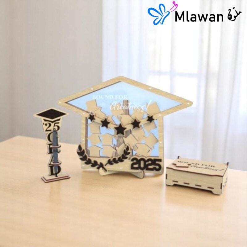 Elegant graduation keepsake with pen holder and mini wooden graduation cap name tags set