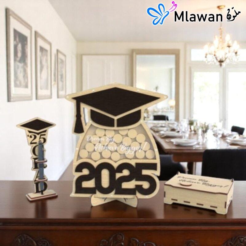 Elegant graduation keepsake with pen holder and wooden mini name tags set