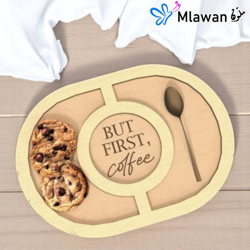 4660 (6) Wooden coffee tray engraved But First Coffee Serves Happiness - But First Coffee
