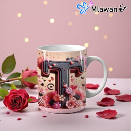 Personalized letter T magic mug Valentine gift.