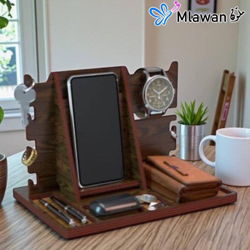 Multifunctional Wood Phone Docking Station Organizer - Nightstand gift for men.
