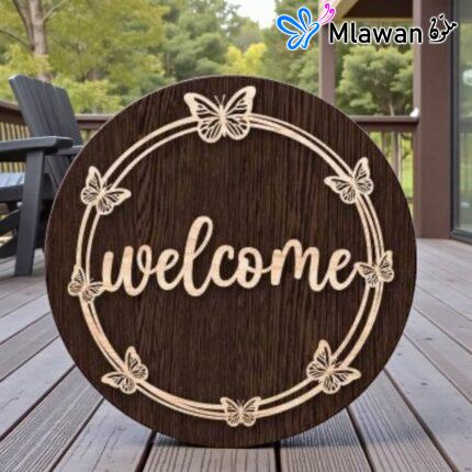 لافتة باب تعليقة باب ترحيب خشبية دائرية فراشات تعليقة باب خشبية ترحيب ربيعية - لوحة ترحيب خشبية دائرية بتصميم فراشات