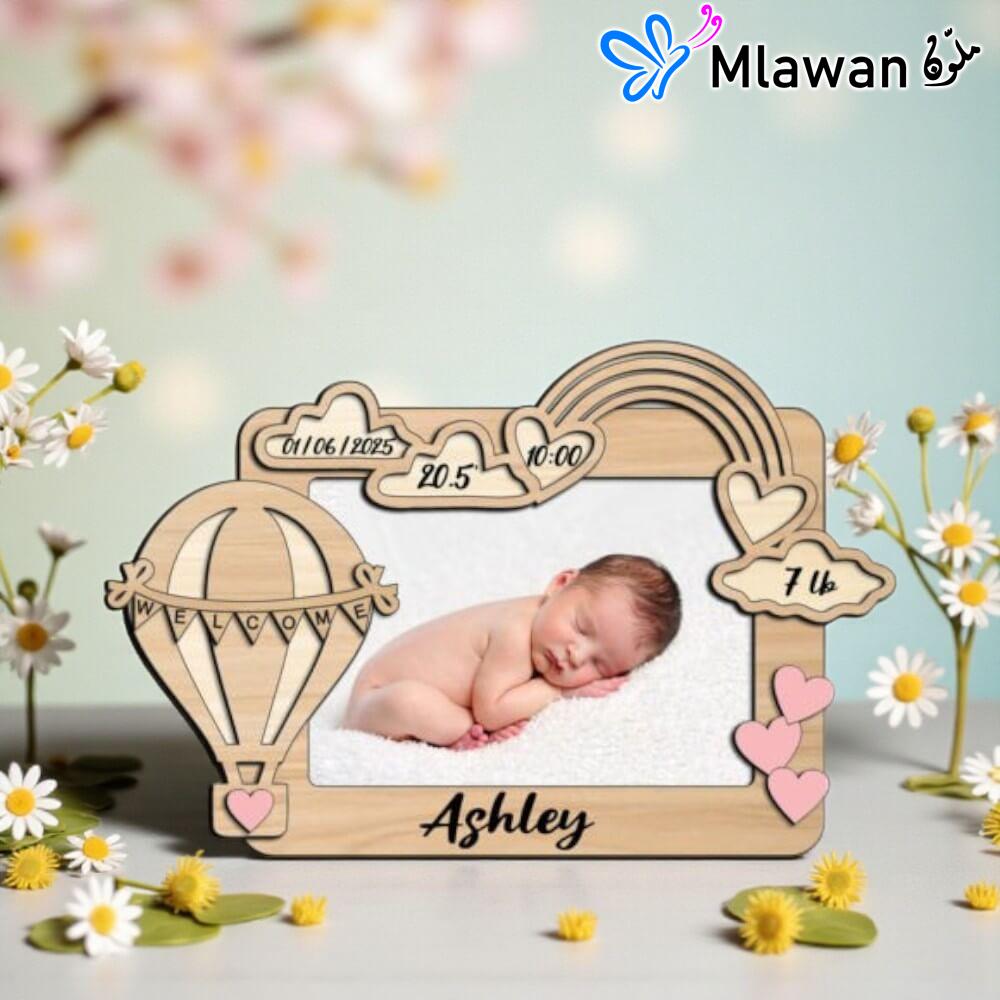 4829-3 Personalized Wooden Baby Photo Frame Hot Air Balloon Newborn Announcement.