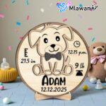 لوحة خشبية تذكارية لميلاد طفلة بتصميم كلب مخصص لديكور عيد الميلاد.