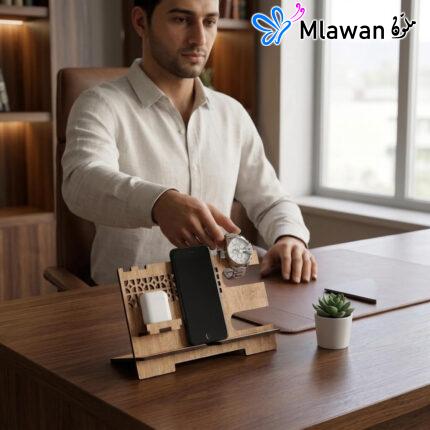 Wooden phone docking station gift.Wooden phone organizer men's nightstand.Men's desk watch phone headphone dock.