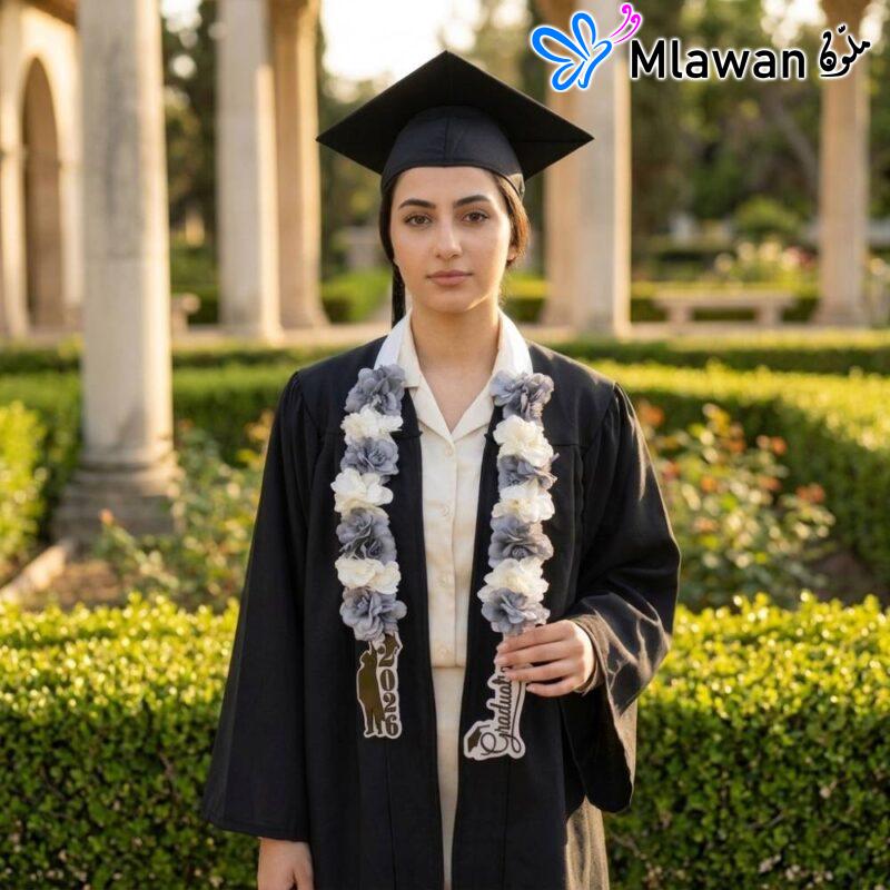 Here are a few options for the alt text, keeping in mind your requirements:طوق ورد تخرج اسم حسب الطلبطوق ورد تخرج تصميم ورد صناعيطوق ورد تخرج ورد صناعي عالي الجودة