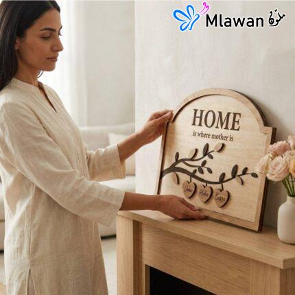Personalized family tree sign with names; Mom is home.