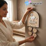 Personalized wooden swan birth stat sign with heart tags keepsake