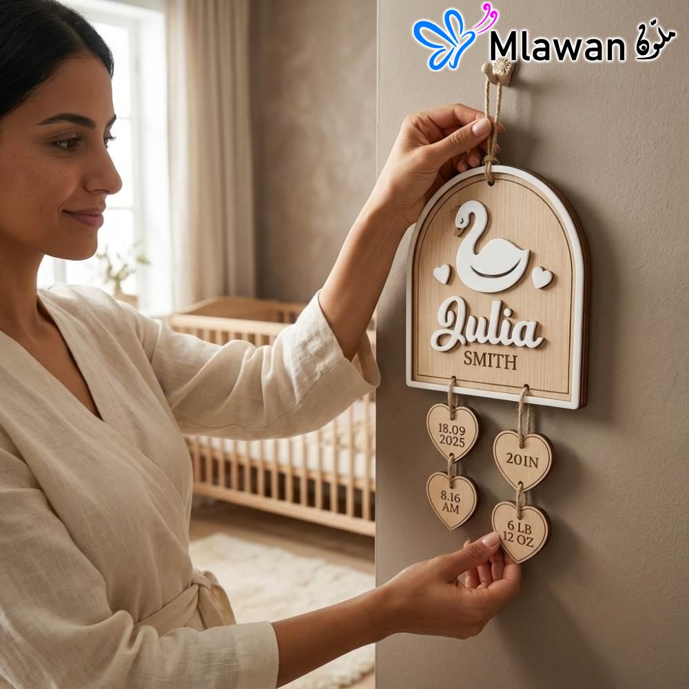 4951-2 (1) Personalized wooden swan birth stat sign with heart tags keepsake