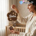 Wooden birth announcement sign with baby stats and floral design