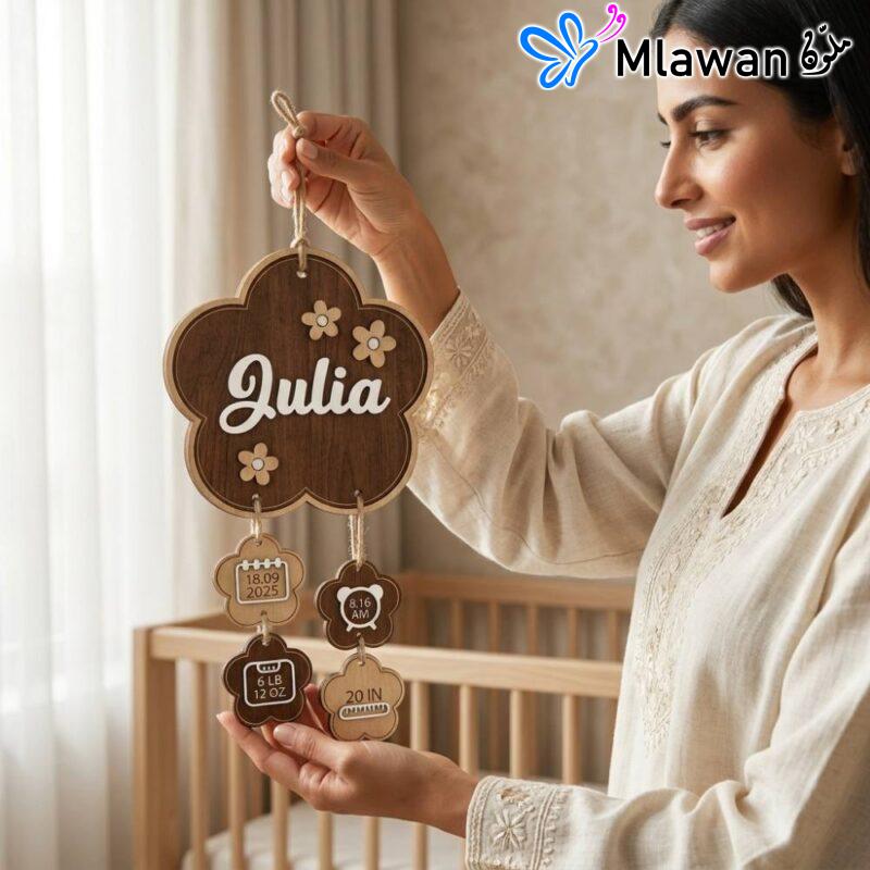 Wooden birth announcement sign with baby stats and floral design