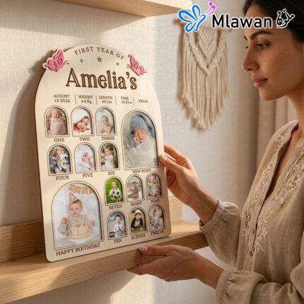 Baby's first year milestone wooden photo plaque display
